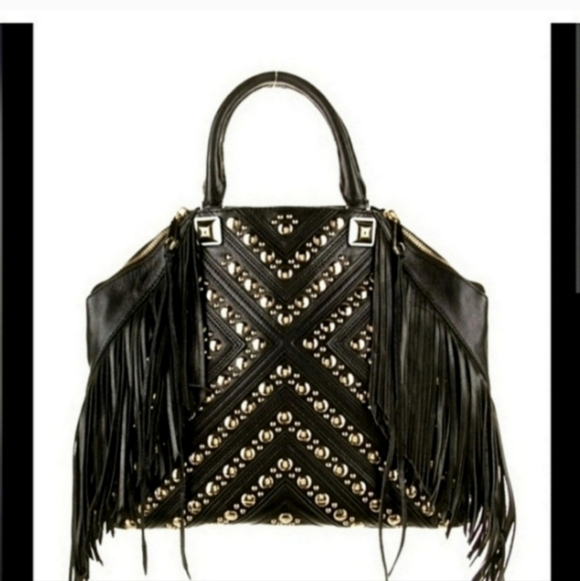 ❄️❄️$599 NEW EXTREMELY RARE BLACK LEATHER 'RYLAN' STUDDED FRINGE TOTE REBEC - Picture 2 of 6